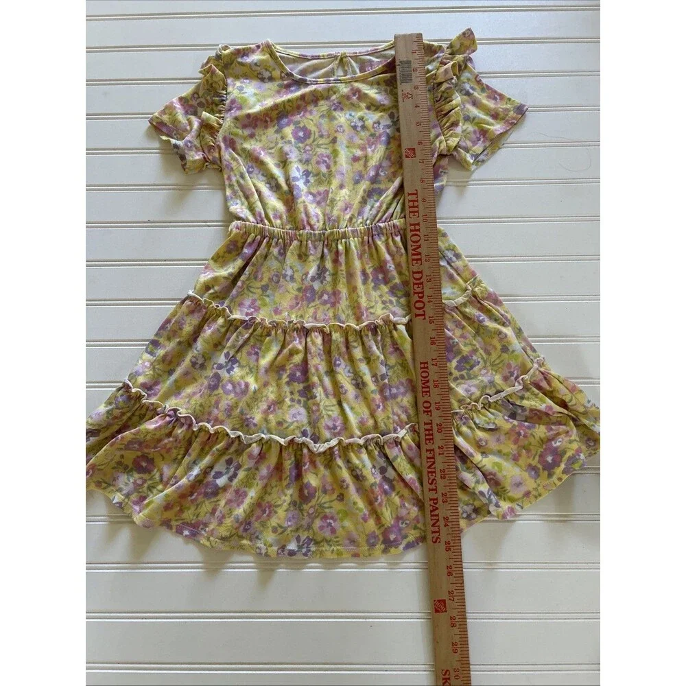 BCBG Girls Yellow Floral Tiered Ruffle Dress 7/8 Small Easter Party Boho